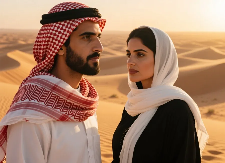 Man and woman wearing traditional shemagh and kufiya scarves in desert landscape symbolizing Middle Eastern heritage