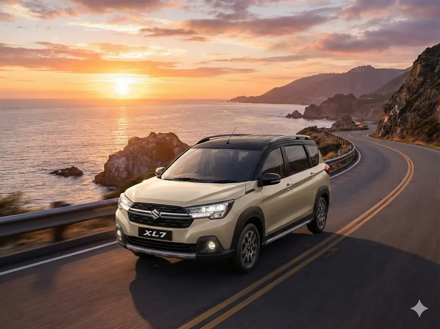 2025 Maruti Suzuki XL7 front view driving on a highway at sunset.